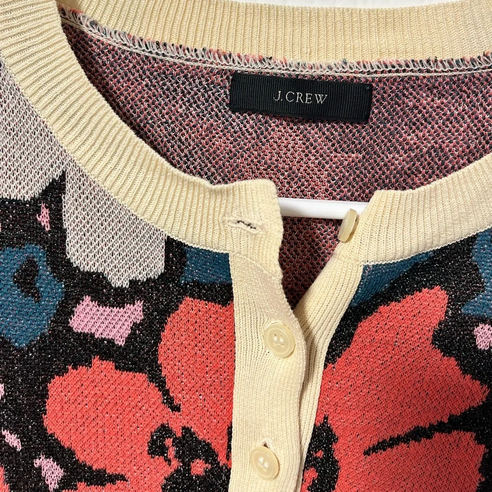 J Crew Floral 3/4  sweater with metallic thread and partially button down - Picture 4 of 7